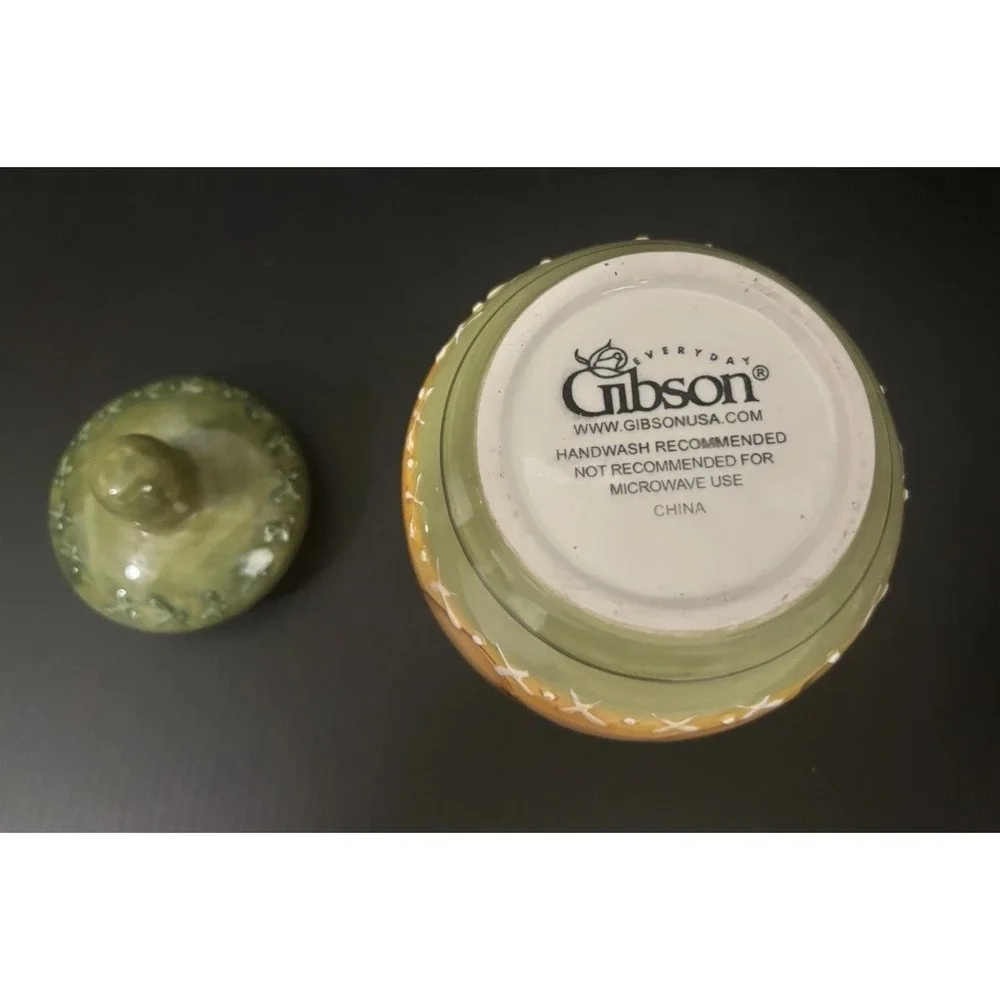 Gibson Fruit Creamer Sugar/Lid Salt and Pepper Shakers Green Handle Farmhouse